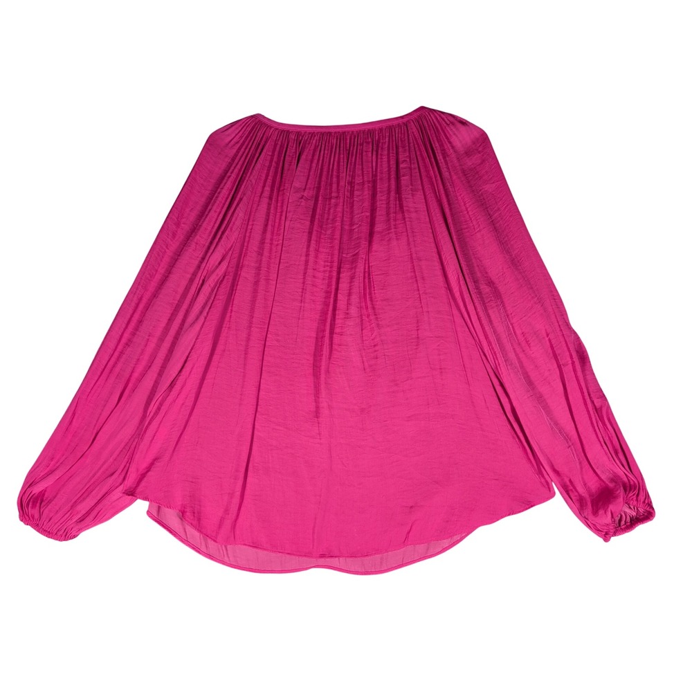 Jennifer Lopez Womens Medium Pink Pleated Peasant Blouse Tie Neck Bishop Sleeve
